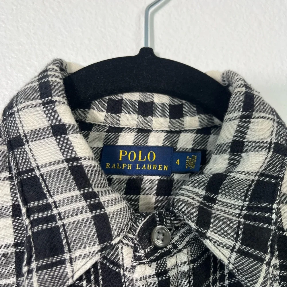 Polo Ralph Lauren Flannel Shirt Size 4 Black Plaid Western Country Pearl Snap